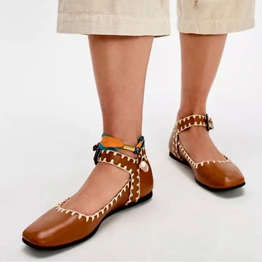 Free People Mystic Mary Jane Buckle Flat Tan Leather Ivory Crochet Trim - Picture 2 of 10